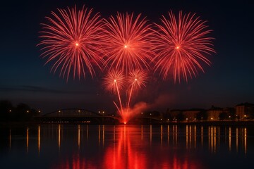 Fototapeta premium Bright Crimson Fireworks Display Above a River, Bridge, and Lake Scene