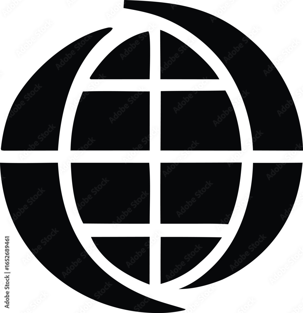 Poster stylized black and white globe icon with intersecting lines and curved outer shape representing glob