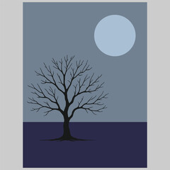Night Scene with Bare Tree and Moon