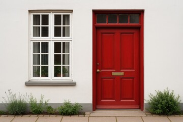 Door painted red with a window panel