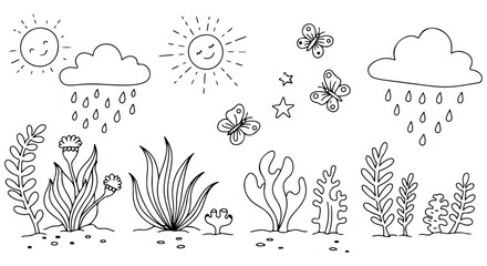vector illustration of a flower and sun and butterfly and rain and cloud