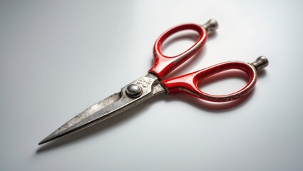 Old-fashioned red-handled scissors set against a white background