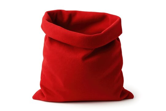 Christmas-themed red textile Santa bag, empty and open against a white backdrop
