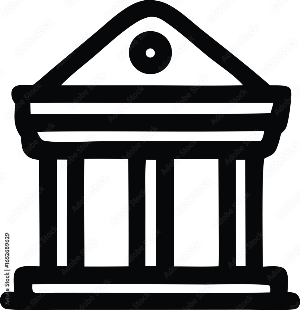 Poster simple black and white icon of a classical building with columns and a triangular pediment