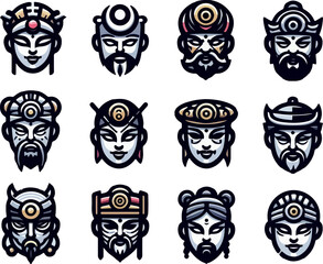 Vector sketch illustration image design collection of cute and cool Chinese character mask symbol icons, modern abstract models for decorative ornaments
