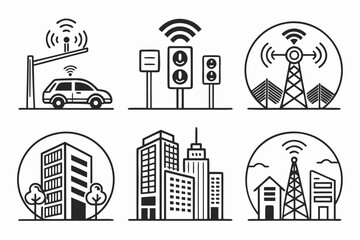Obraz premium Hand drawn icons of smart city, car, traffic lights, and communication tower