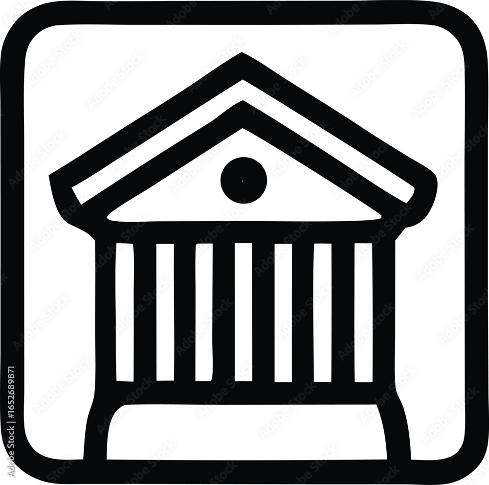 Poster simple stylized line art icon of a classical building with columns and a pediment