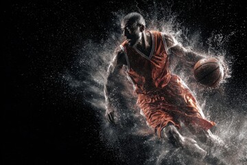 Dynamic Basketball Player in Motion with Splashing Water Effect in Dark Background