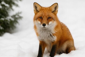 Obraz premium Red fox in a snowy winter landscape with fresh snow cover