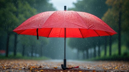 Vivid crimson umbrella placed outside representing different seasons