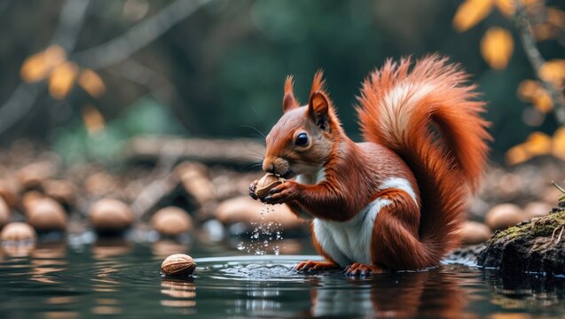 Red Squirrel Foraging in Woodland Area - Powered by Adobe