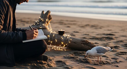 Man Writing in Journal on Peaceful Beach at Sunset with String Lights