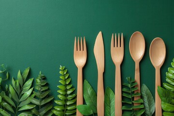 Eco-Friendly Bamboo Cutlery Arranged Among Fresh Green Leaves on a Dark Green Background