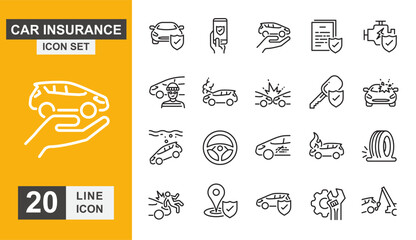 Car insurance icon set. Car, service, finance, vehicle, safety, automotive and more line icon.