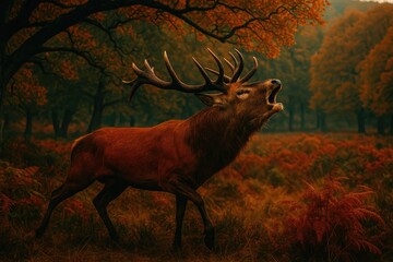 Rutting season of a stag in a wilderness area surrounded by moorlands