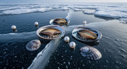 Atop frozen lake, three abalone in their shells, surrounded by pearls and other shells