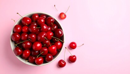 Fresh Red Cherries in a Bowl on a Pastel Pink Background