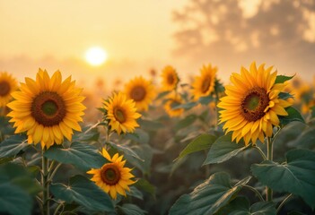Obraz premium Close-Up Shot of Sunflowers in Field with Faces Turned Towards Pale Golden Sunrise on Misty Autumn Morning with Fog Rolling Through the Field