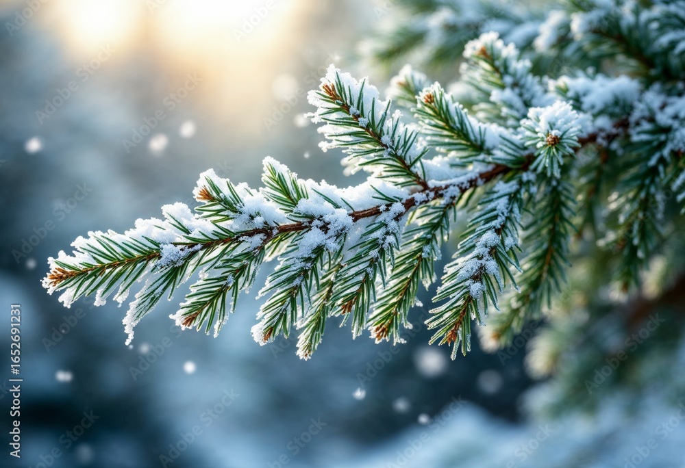 Poster frosted evergreen branch dusted with snow in studio setup highlighted by soft diffused light, isolat