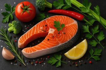 Close-up of a raw salmon steak topped with herbs alongside colorful vegetables