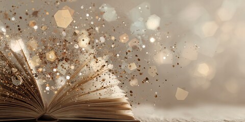 Ancient book releasing light and glittering particles.