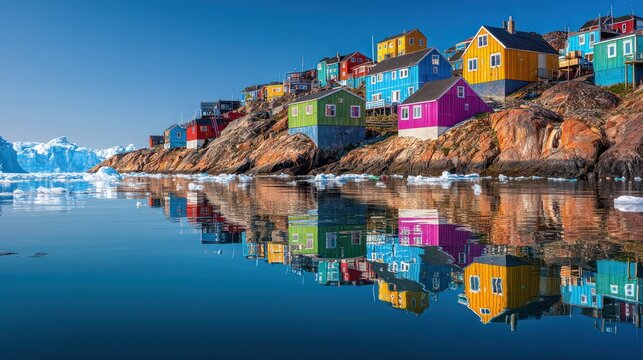 Colorful houses line a rocky shore, reflecting in still, blue water under a clear sky