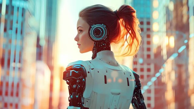 Futuristic female robot android with artificial intelligence stands glowing cityscape blending advanced technology and human like beauty warm light