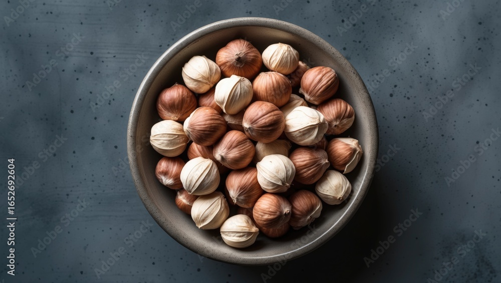 Poster raw hazelnuts without shells presented in a bowl on a dark concrete background