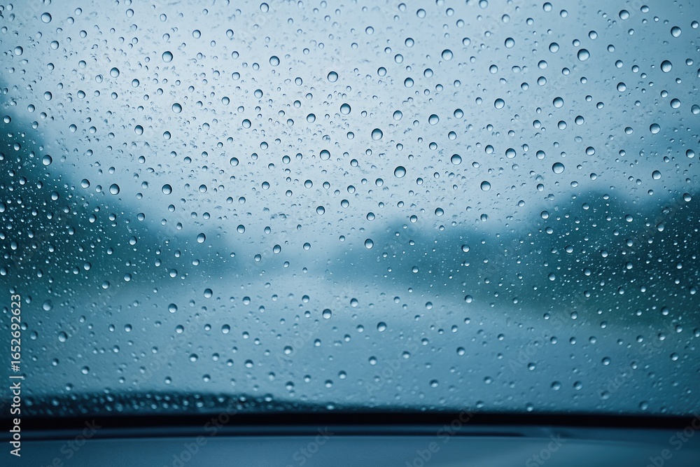 Poster close-up of rain beads on a car window with a fuzzy view outside