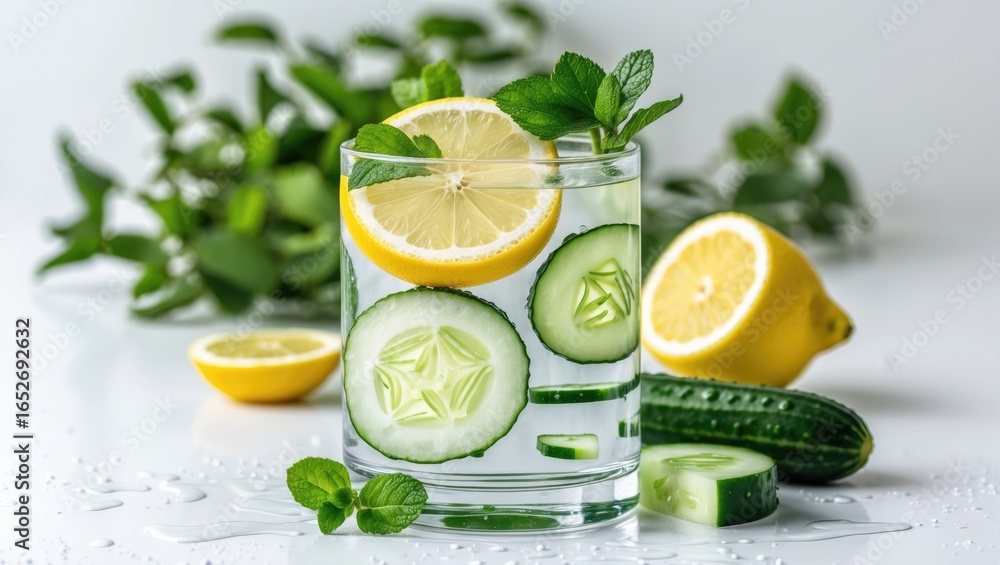 Poster cleansing flavored water with slices of lemon and cucumber on a white surface, decorated for a healt