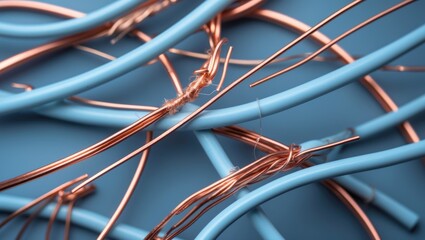 Close-up of chaotic copper wire mess with pale blue hue, captured from a top-down diagonal perspective