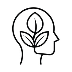 Green thought plant growing inside human head outline  icon isolated on white background