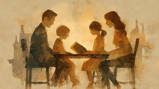 Abstract spiritual scene with open book, family figures, and soft golden halo.