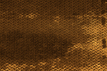 The checker plate is rusty. It has been repaired by painting. flooring floor in perspective. brown green blue color colour. rust-eaten iron.