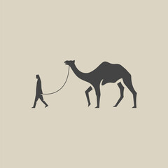 Silhouette of a man walking with a camel in the desert. Minimalist vector illustration of a man leading a camel across the desert.