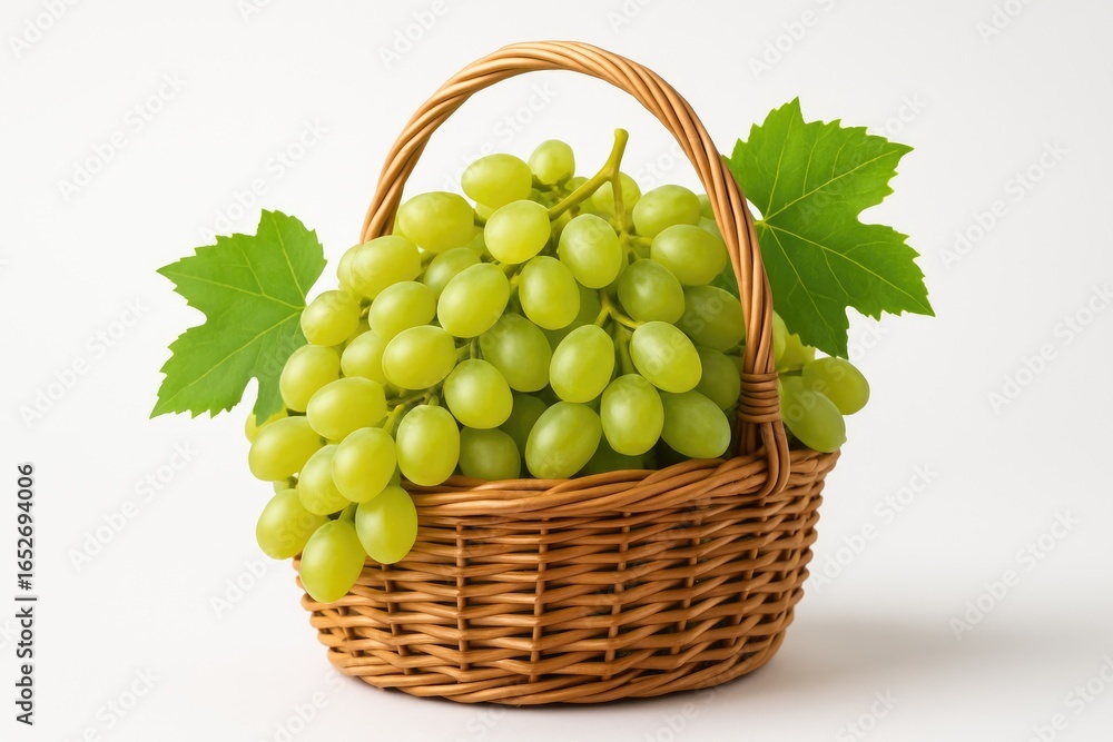 Poster freshly picked grape cluster in a wicker container on a plain white surface