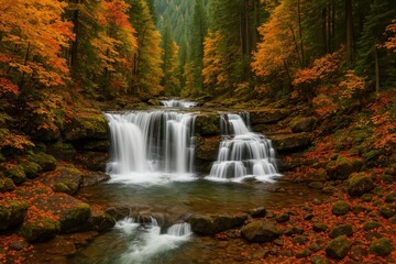 Fototapeta premium Vibrant fall foliage surrounding a cascading waterfall near a busy roadway