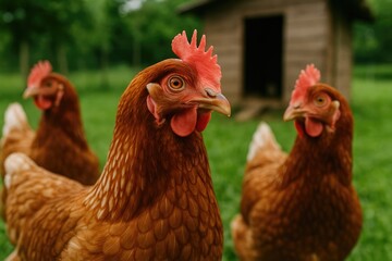 Fototapeta premium Rural poultry farm featuring close-up of free-range chickens