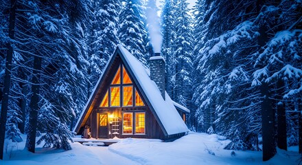 Secluded Wooden A-Frame Cabin Illuminated in Tranquil Snowy Winter Forest at Dusk