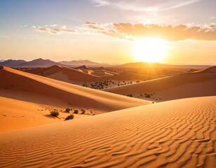 Golden sunrise illuminates vast desert dunes creating a serene arid landscape panorama