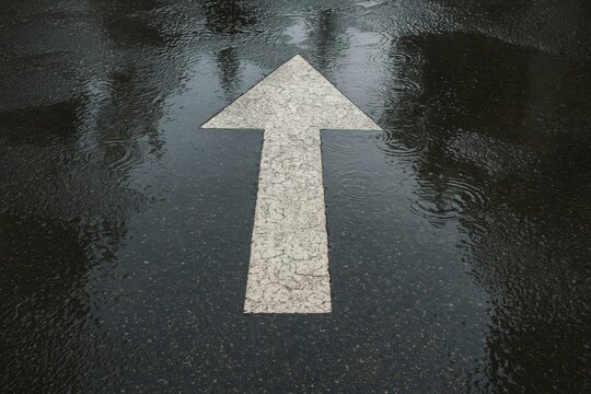 Rain-soaked pavement with puddles and road markings