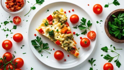 Hearty vegetable bake presented on a clean white plate with parsley and tomato accents