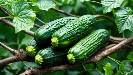 Obraz premium Juicy green cucumbers growing on a plant