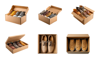 Retail trends in shoe packaging and aerial display arrangements PNG set, cut out, isolated on transparent background