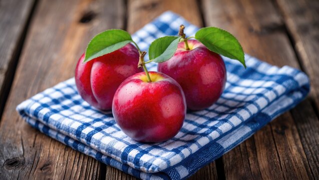 Colorful Array of Fresh Fruits Highlighting Three Red Plums Packed with Vitamin C on a Blue and White Towel