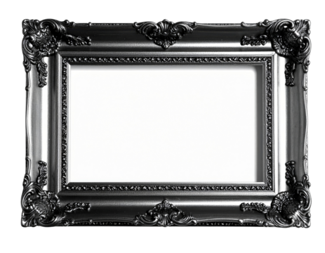 Ornate black and white picture frame with elaborate Baroquestyle carvings and a silver finish.