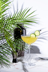 Enjoy cucumber gimlet cocktail drink with gin, syrup, lime juice and cucumber wheels with steel bar...