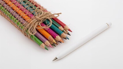Naklejka premium Collection of bright pencils wrapped with hemp cord