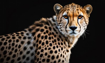 Fototapeta premium Close-up of a cheetah, back-lit against black background