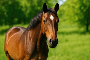 Obraz premium Equine with a brown coat and a distinctive white star on the forehead
